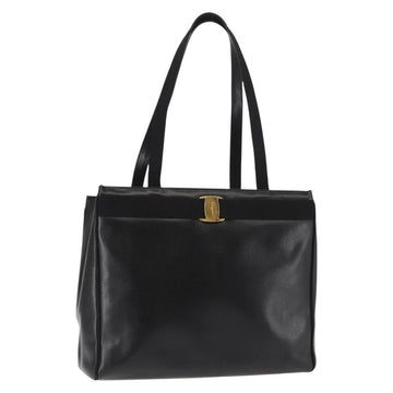 Salvatore Ferragamo Vala Tote Bag Croco Embossing Black Gold Auth 146655