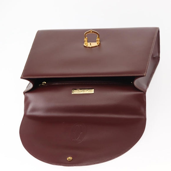 CARTIER Hand Bag Leather Bordeaux Gold Auth 146656