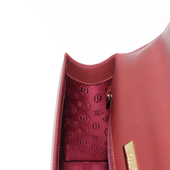 CARTIER Hand Bag Leather Bordeaux Gold Auth 146656