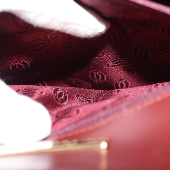 CARTIER Hand Bag Leather Bordeaux Gold Auth 146656