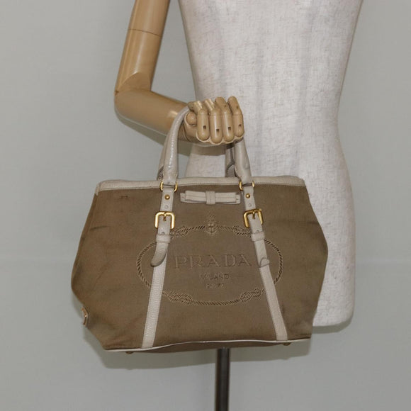PRADA Hand Bag Canvas Beige Gold Auth 146705