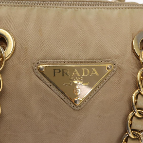 PRADA Chain Hand Bag Nylon Beige Gold Auth 146709