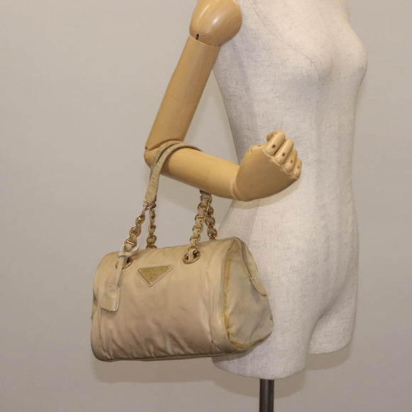 PRADA Chain Hand Bag Nylon Beige Gold Auth 146709