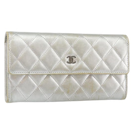 CHANEL Matelasse COCO Mark Long Wallet Lamb Skin Silver CC Auth 146749