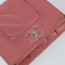 CHANEL V Stitch COCO Mark Trifold Wallet Lamb Skin Pink Silver CC Auth 146750-17