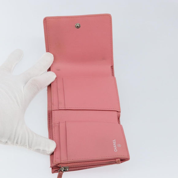 CHANEL V Stitch COCO Mark Trifold Wallet Lamb Skin Pink Silver CC Auth 146750
