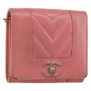 CHANEL V Stitch COCO Mark Trifold Wallet Lamb Skin Pink Silver CC Auth 146750-1