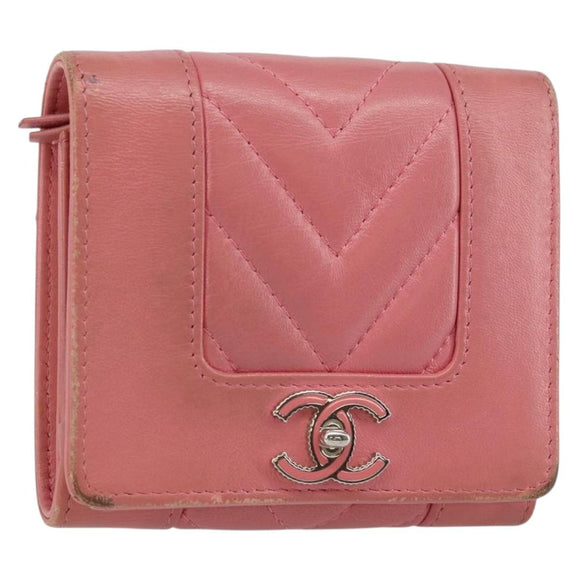CHANEL V Stitch COCO Mark Trifold Wallet Lamb Skin Pink Silver CC Auth 146750