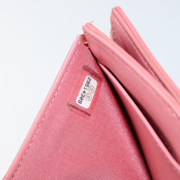 CHANEL V Stitch COCO Mark Trifold Wallet Lamb Skin Pink Silver CC Auth 146750