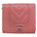 CHANEL V Stitch COCO Mark Trifold Wallet Lamb Skin Pink Silver CC Auth 146750-13