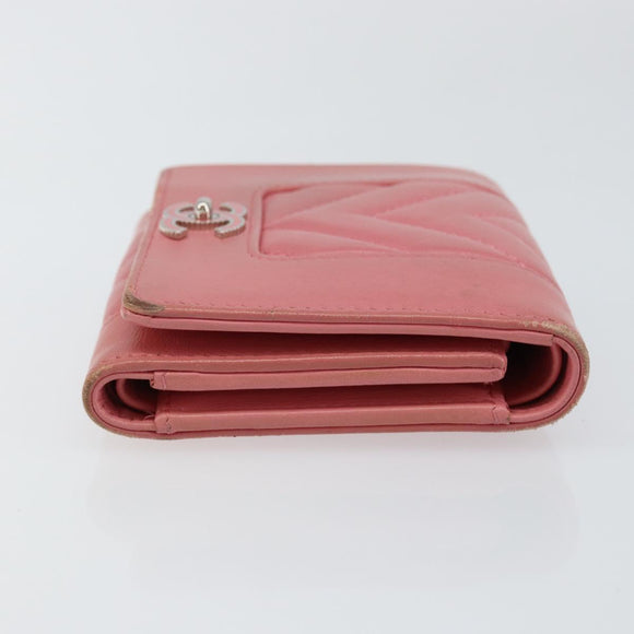 CHANEL V Stitch COCO Mark Trifold Wallet Lamb Skin Pink Silver CC Auth 146750
