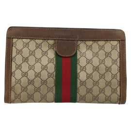 GUCCI GG Supreme Web Sherry Line Clutch Bag PVC Leather Beige Auth 146759 - 0