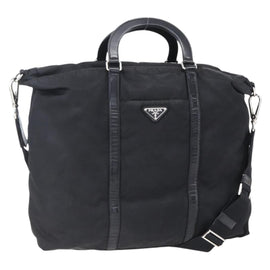 PRADA Tote Bag Nylon Leather 2way Black Silver Auth 146769