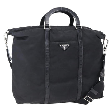 PRADA Tote Bag Nylon Leather 2way Black Silver Auth 146769