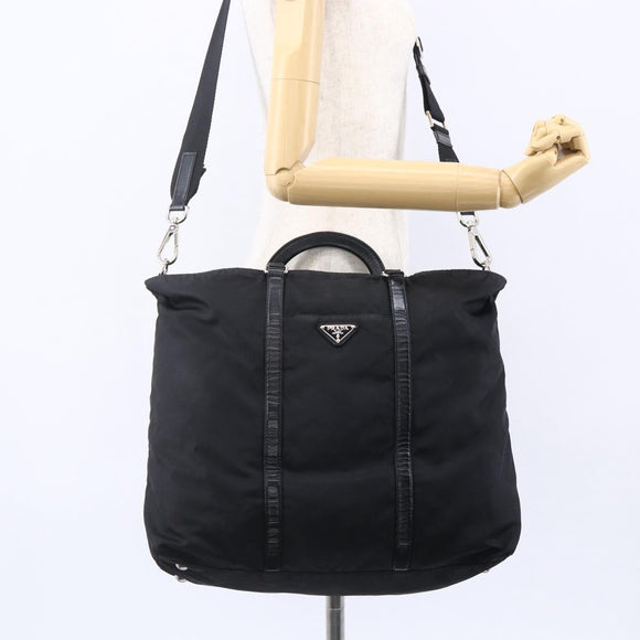 PRADA Tote Bag Nylon Leather 2way Black Silver Auth 146769