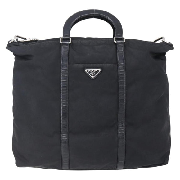 PRADA Tote Bag Nylon Leather 2way Black Silver Auth 146769