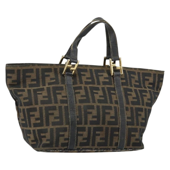 FENDI Zucca Canvas Handtas Bruin Zwart goud Auth 146809