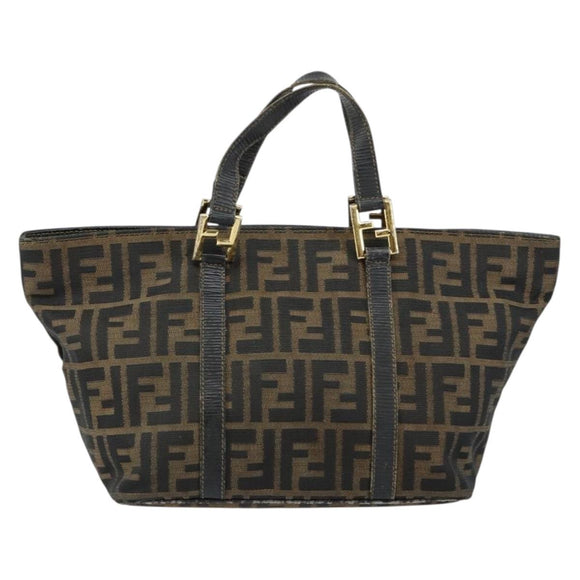 FENDI Zucca Canvas Handtas Bruin Zwart goud Auth 146809