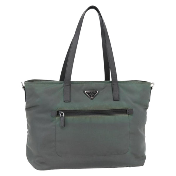 PRADA Tote Bag Nylon Khaki Silver Auth 146817