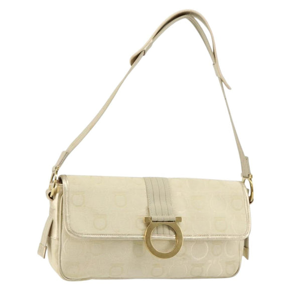 Salvatore Ferragamo Gancini Shoulder Bag Canvas Beige Gold Auth 146818