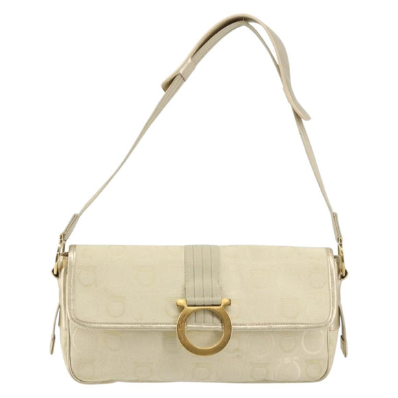 Salvatore Ferragamo Gancini Shoulder Bag Canvas Beige Gold Auth 146818