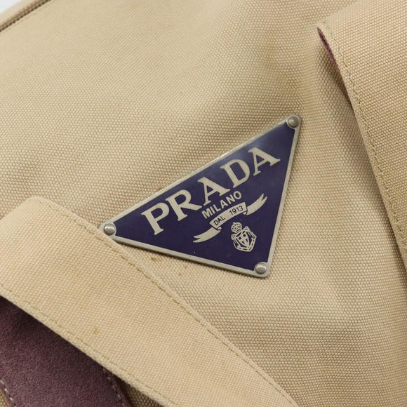 PRADA Hand Bag Canvas Beige Silver Auth 146820