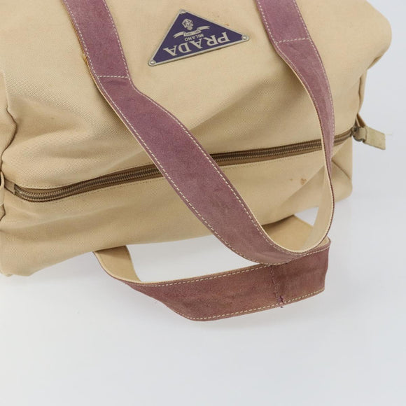PRADA Hand Bag Canvas Beige Silver Auth 146820