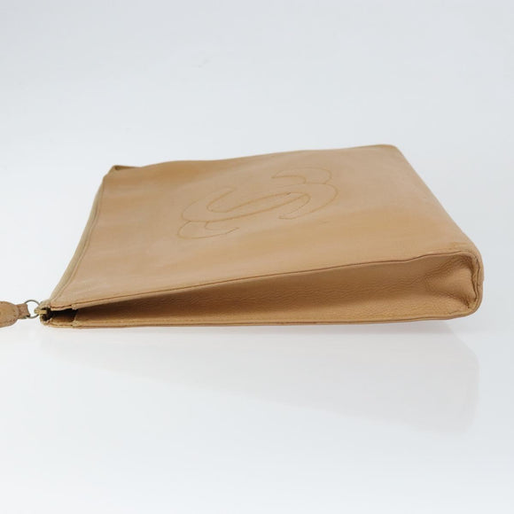 CHANEL COCO Mark Document case Clutch Bag Caviar Skin Beige Gold CC Auth 146822