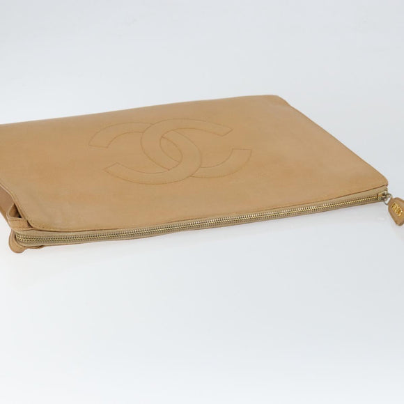 CHANEL COCO Mark Document case Clutch Bag Caviar Skin Beige Gold CC Auth 146822