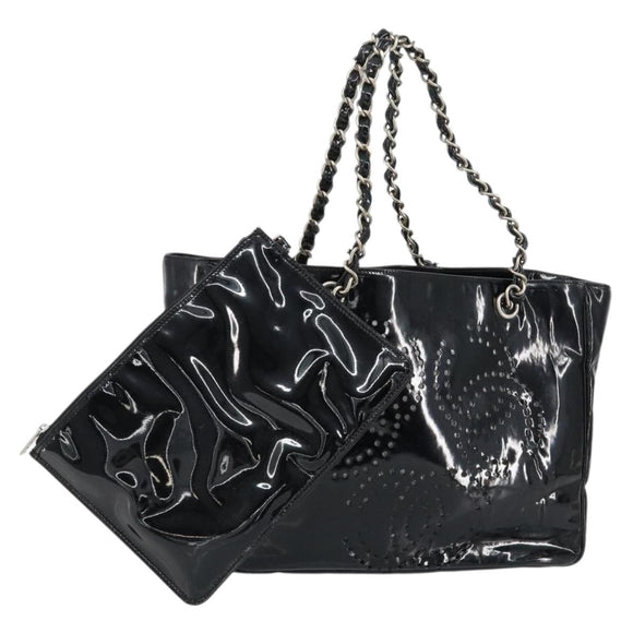 CHANEL Triple Coco Chain Tote Bag Patent leather Black Silver CC Auth 146826