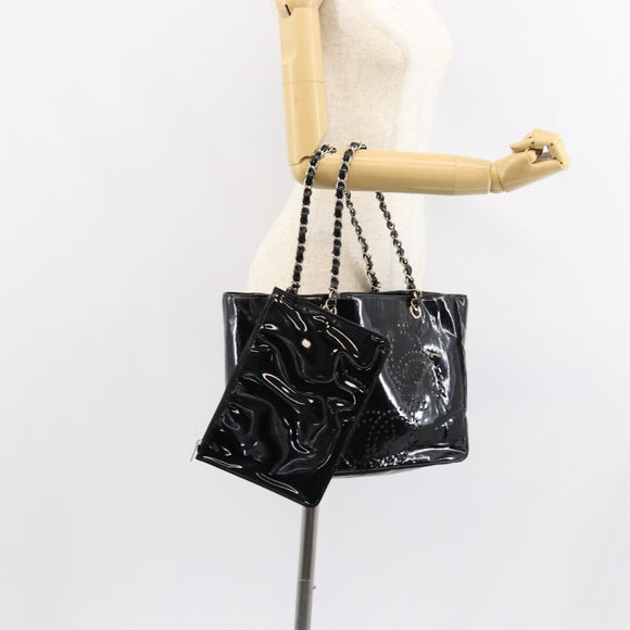 CHANEL Triple Coco Chain Tote Bag Patent leather Black Silver CC Auth 146826