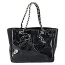 CHANEL Triple Coco Chain Tote Bag Patent leather Black Silver CC Auth 146826-2