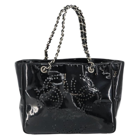 CHANEL Triple Coco Chain Tote Bag Patent leather Black Silver CC Auth 146826