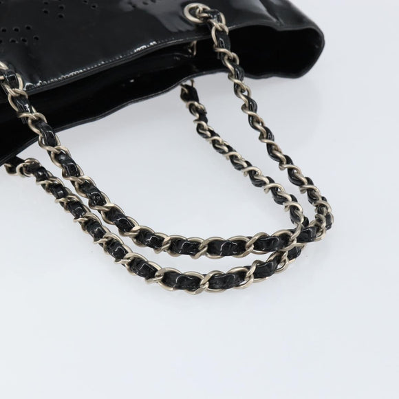 CHANEL Triple Coco Chain Tote Bag Patent leather Black Silver CC Auth 146826
