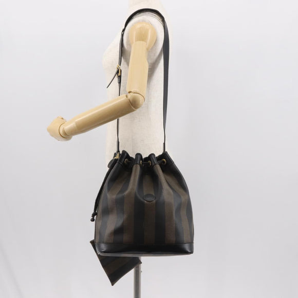 FENDI Pecan Canvas Shoulder Bag PVC Black Brown gold Auth 146873
