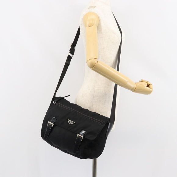 PRADA Shoulder Bag Nylon Black Silver Auth 146879