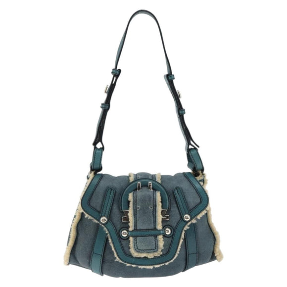 Salvatore Ferragamo Gancini Shoulder Bag Mouton Green Silver Auth 146931V