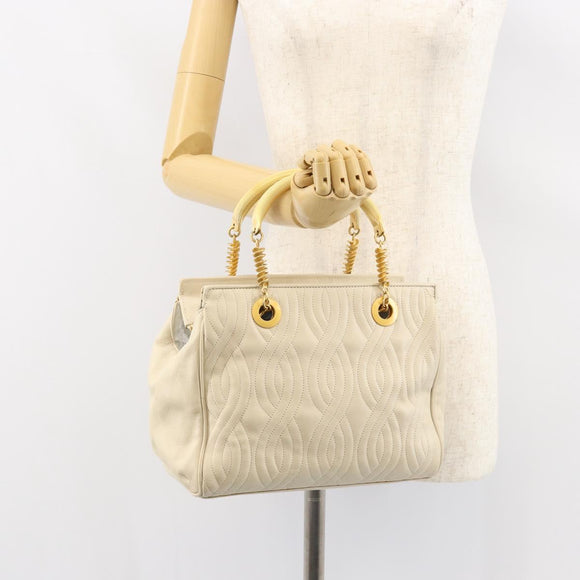 FENDI Wave Stitch Hand Bag Leather Ivory Gold Auth 146950