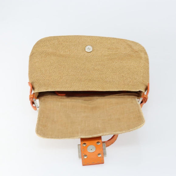 FENDI Celeria Mamma Baguette Shoulder Bag Raffia Beige Silver Auth 146952