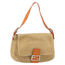 FENDI Celeria Mamma Baguette Shoulder Bag Raffia Beige Silver Auth 146952-1