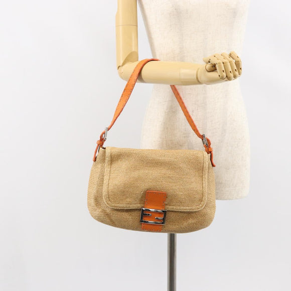 FENDI Celeria Mamma Baguette Shoulder Bag Raffia Beige Silver Auth 146952