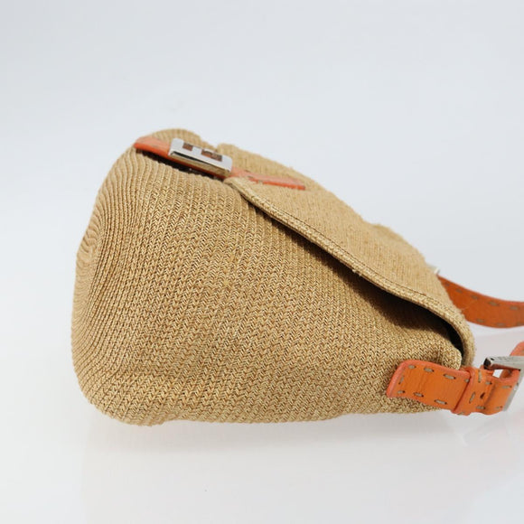 FENDI Celeria Mamma Baguette Shoulder Bag Raffia Beige Silver Auth 146952