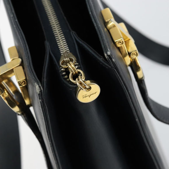 Salvatore Ferragamo Gancini Tote Bag Leather Navy Gold Auth 146978