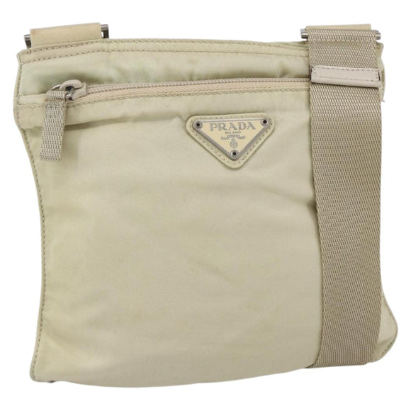 PRADA Shoulder Bag Nylon Beige Silver Auth 146997