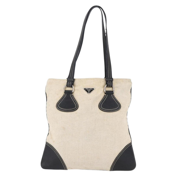 PRADA Hand Bag Canvas Beige Silver Auth 147009