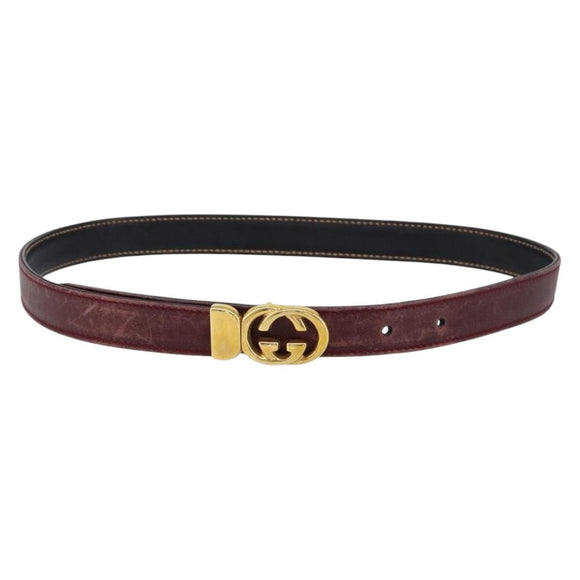GUCCI Interlocking Belt Leather 31.9"" Bordeaux Gold 037 084 0054 Auth 147047