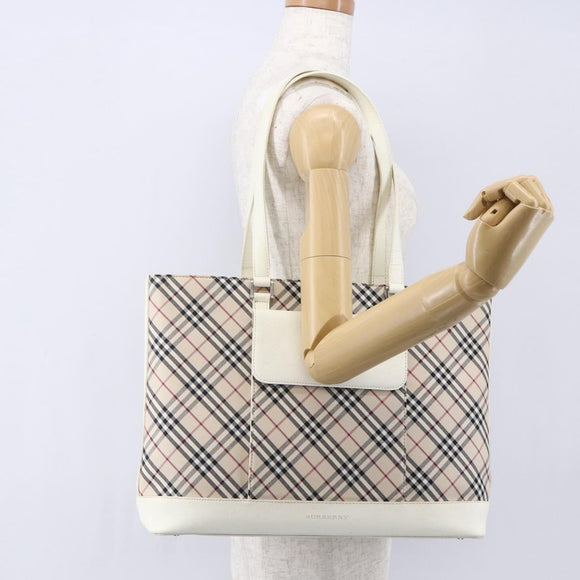 BURBERRY Nova Check Tote Bag Canvas Leather Beige Silver Auth 147078