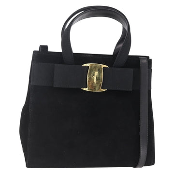 Salvatore Ferragamo Vala Hand Bag Suede 2way Black Gold Auth 147079