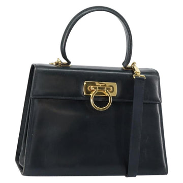 Salvatore Ferragamo Gancini Hand Bag Leather 2way Navy Gold Auth 147081