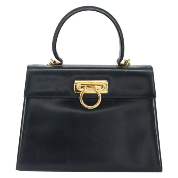 Salvatore Ferragamo Gancini Hand Bag Leather 2way Navy Gold Auth 147081